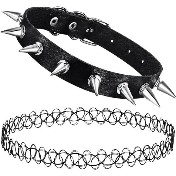Gothic 2PC Faux Leather Choker Set – Adjustable 90s Tattoo Necklaces for Women - Picture 1 of 6